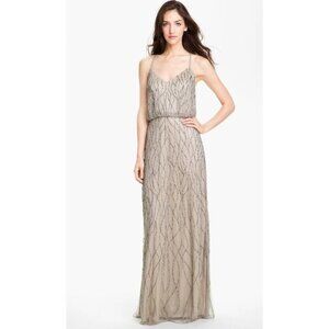 Adrianna Papell Beaded Mesh Blouson Gown Champagne Taupe Silver sz 6 Bridesmaid
